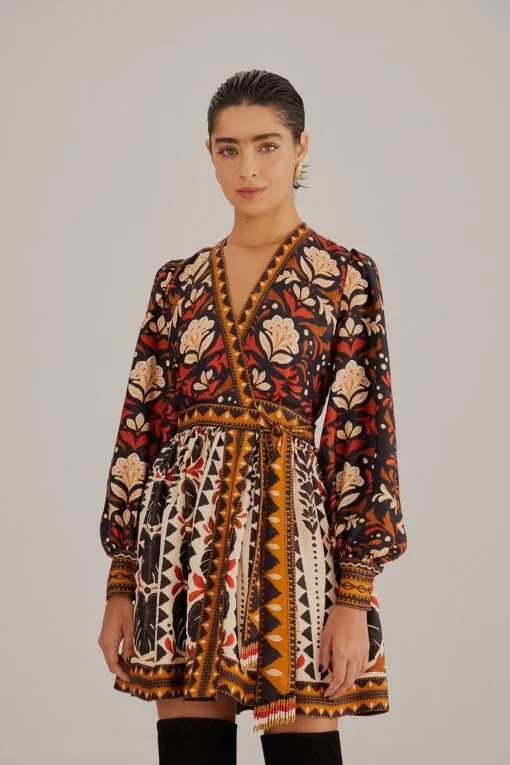  MULTICOLOR TAPESTRY GARDEN V NECK MINI DRESS