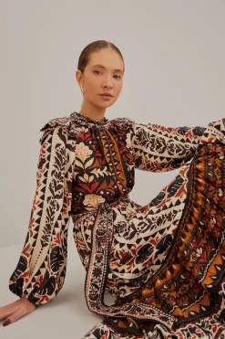 MULTICOLOR TAPESTRY GARDEN HIGH NECK MIDI DRESS