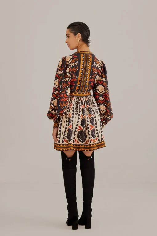  MULTICOLOR TAPESTRY GARDEN V NECK MINI DRESS