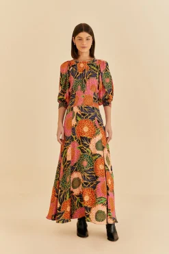 MULTICOLOR VINTAGE GARDEN PUFF SLEEVE MAXI DRESS