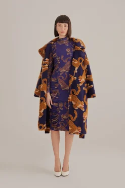  NAVY BLUE LEOPARDS  HIGH NECK MIDI DRESS