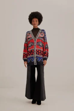  NAVY MIXED PRINTS KNIT CARDIGAN