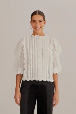  OFF-WHITE SHORT SLEEVE PLEATED BLOUSE