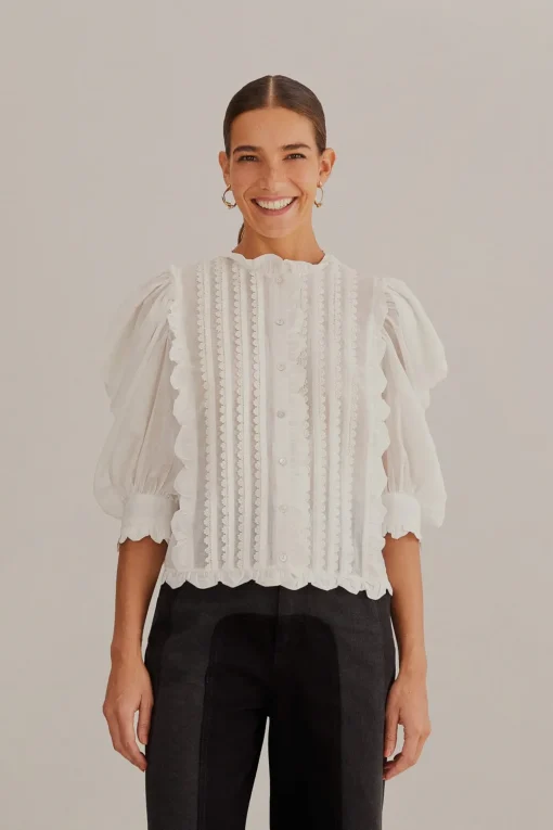  OFF-WHITE SHORT SLEEVE PLEATED BLOUSE