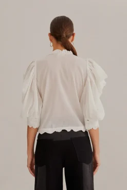  OFF-WHITE SHORT SLEEVE PLEATED BLOUSE
