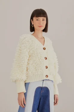  OFF-WHITE TEXTURED V NECK CARDIGAN