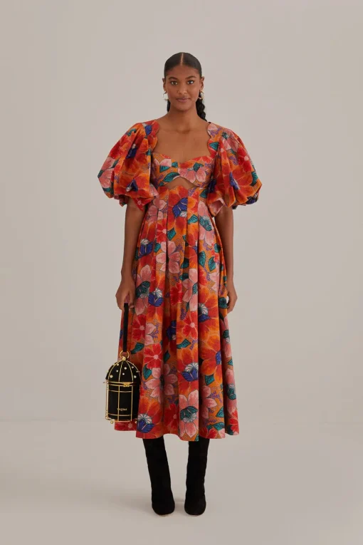  ORANGE MARIAS FLORAL CUT-OUT MIDI DRESS