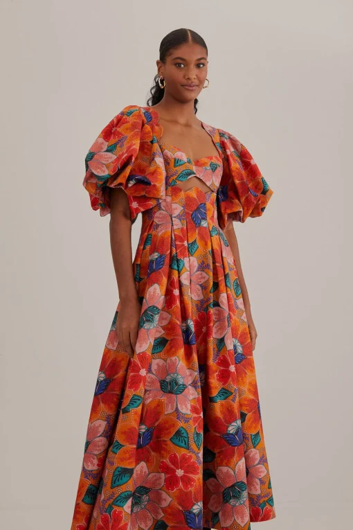  ORANGE MARIAS FLORAL CUT-OUT MIDI DRESS