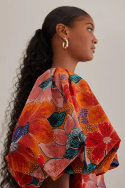  ORANGE MARIAS FLORAL CUT-OUT MIDI DRESS