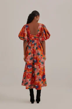  ORANGE MARIAS FLORAL CUT-OUT MIDI DRESS