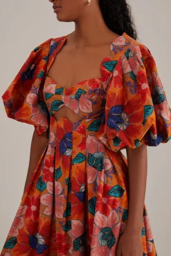  ORANGE MARIAS FLORAL CUT-OUT MIDI DRESS
