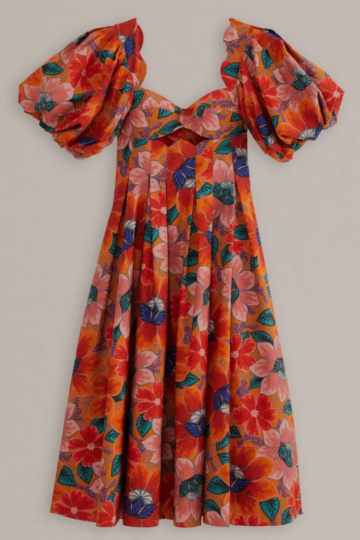  ORANGE MARIAS FLORAL CUT-OUT MIDI DRESS