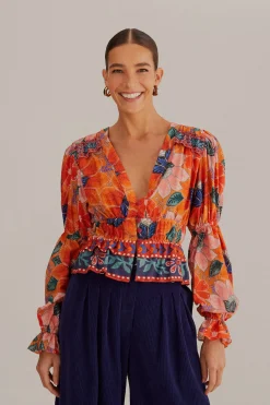  ORANGE MARIAS FLORAL LONG SLEEVE BLOUSE