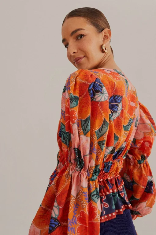  ORANGE MARIAS FLORAL LONG SLEEVE BLOUSE