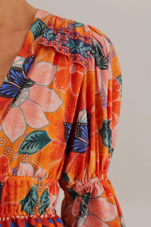  ORANGE MARIAS FLORAL LONG SLEEVE BLOUSE