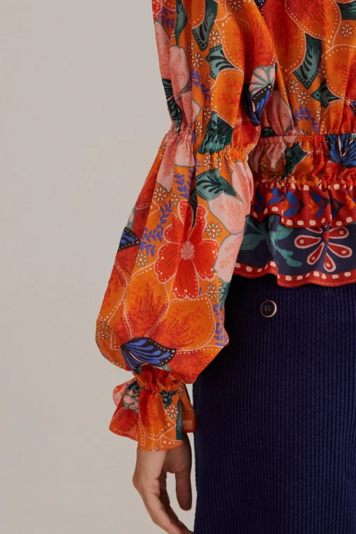  ORANGE MARIAS FLORAL LONG SLEEVE BLOUSE