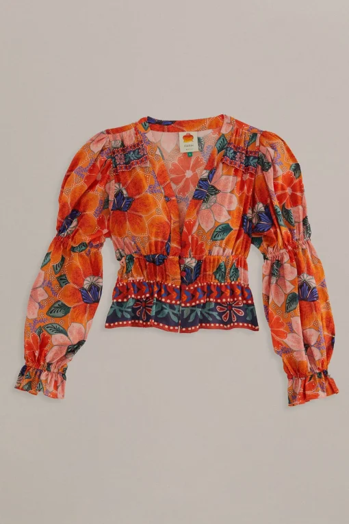  ORANGE MARIAS FLORAL LONG SLEEVE BLOUSE