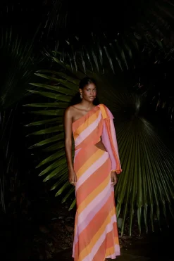  PARTY STRIPES MULTICOLOR ONE SHOULDER MAXI DRESS