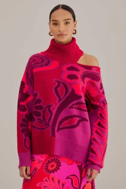  PINK BOLD FLORAL KNIT SWEATER