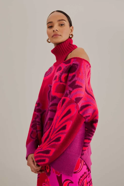  PINK BOLD FLORAL KNIT SWEATER