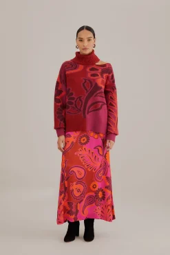  PINK BOLD FLORAL SATIN MAXI SKIRT
