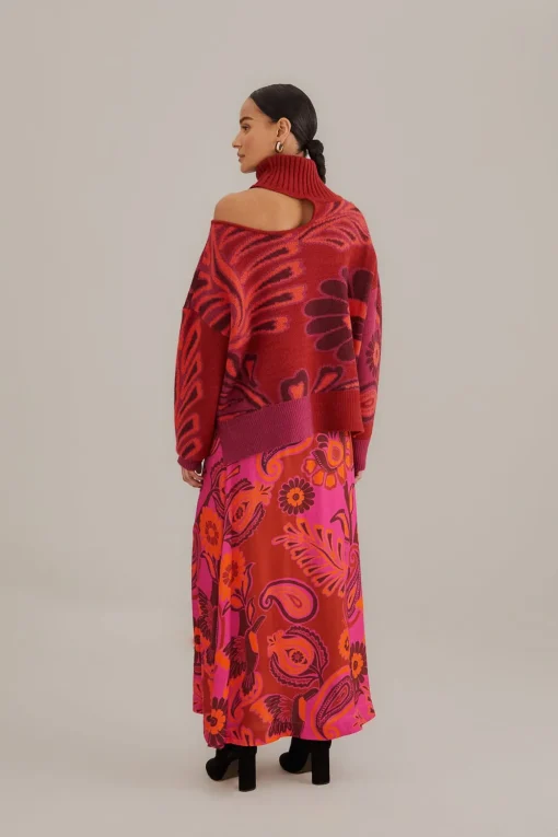 PINK BOLD FLORAL SATIN MAXI SKIRT