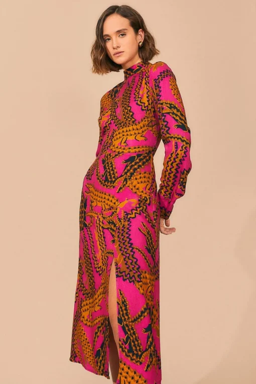  PINK CROCO LENZING™ ECOVERO™ VISCOSE SLIT MIDI DRESS