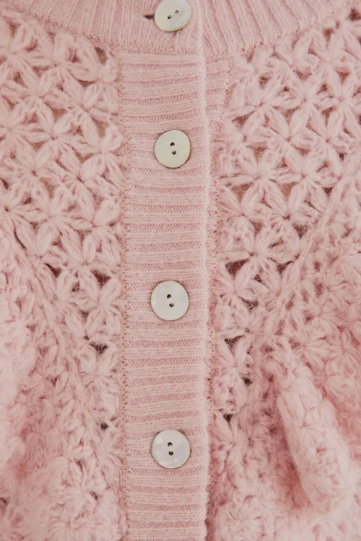 PINK FLOWER TEXTURE KNIT CARDIGAN