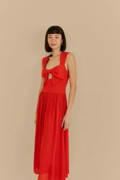  RED BOW SLEEVELESS MIDI DRESS