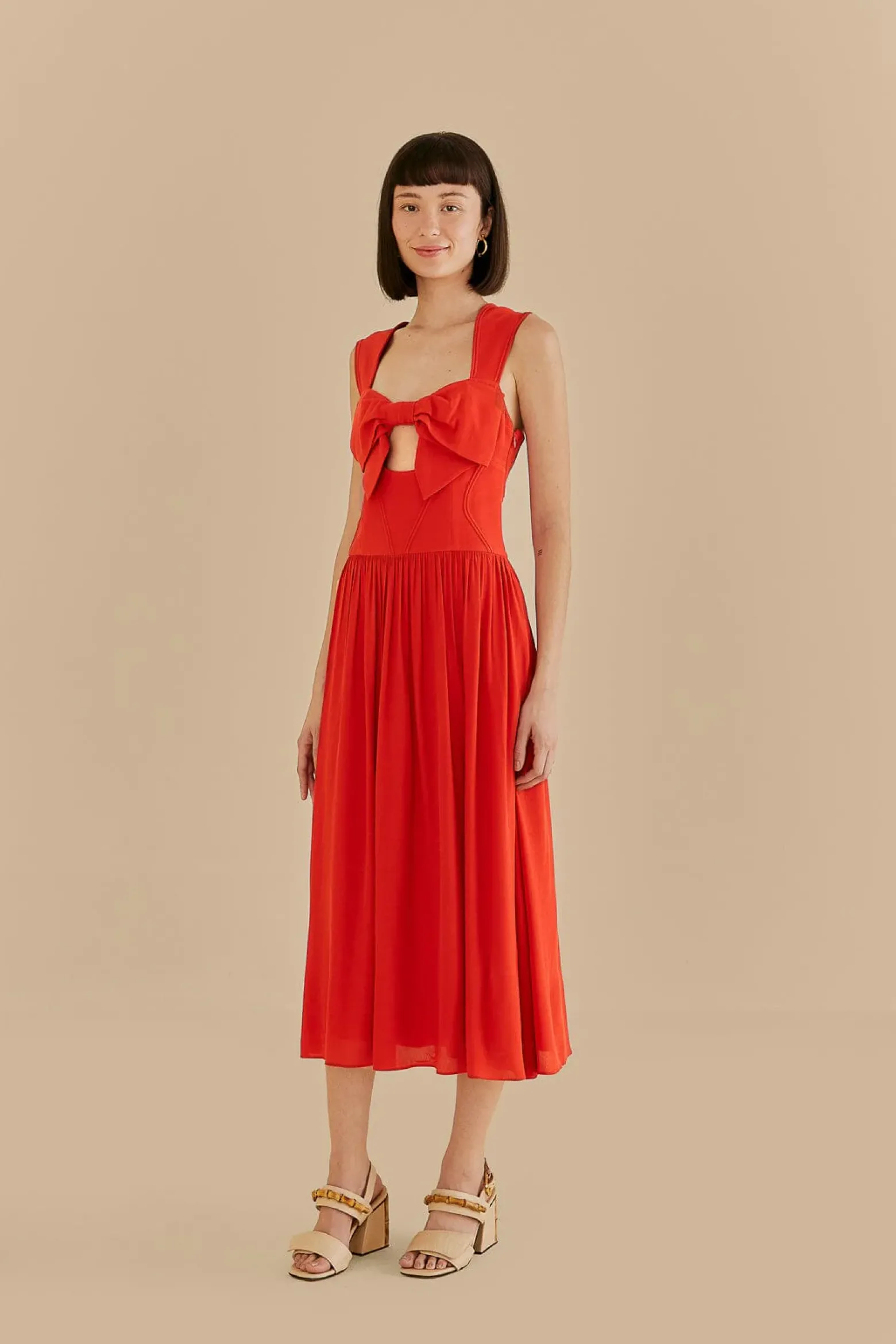 RED BOW SLEEVELESS MIDI DRESS