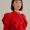  RED FLOWER TEXTURE KNIT CARDIGAN