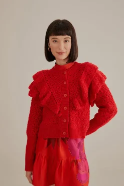  RED FLOWER TEXTURE KNIT CARDIGAN