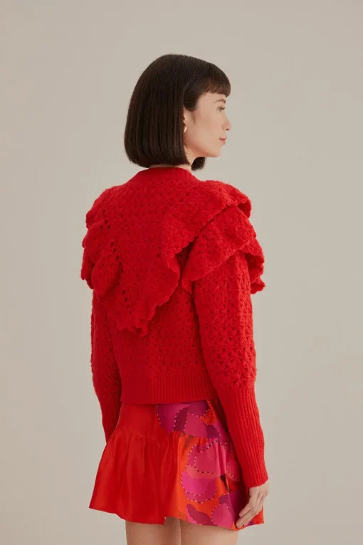  RED FLOWER TEXTURE KNIT CARDIGAN