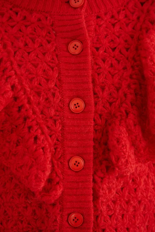  RED FLOWER TEXTURE KNIT CARDIGAN
