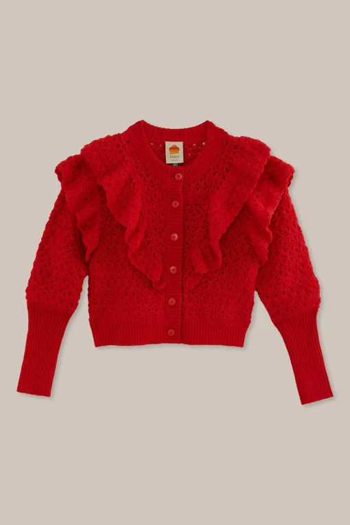  RED FLOWER TEXTURE KNIT CARDIGAN