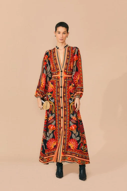  RED NATURE BEAUTY SCARF LONG SLEEVE MAXI DRESS