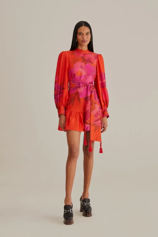  RED PEONY LONG SLEEVE MINI DRESS