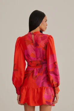  RED PEONY LONG SLEEVE MINI DRESS