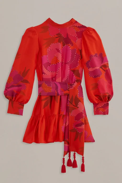  RED PEONY LONG SLEEVE MINI DRESS