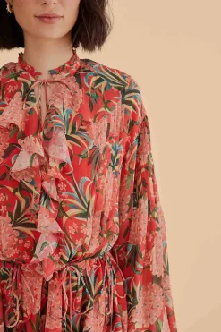 RED PINEAPPLE BLOOM V NECK MINI DRESS