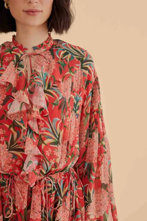  RED PINEAPPLE BLOOM V NECK MINI DRESS
