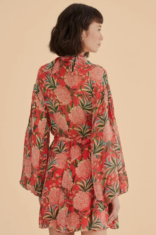  RED PINEAPPLE BLOOM V NECK MINI DRESS