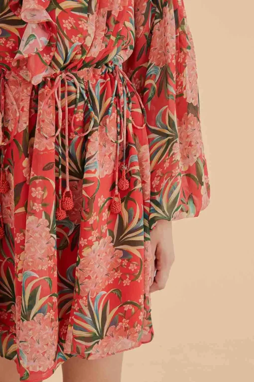  RED PINEAPPLE BLOOM V NECK MINI DRESS