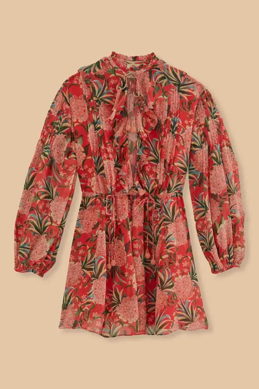  RED PINEAPPLE BLOOM V NECK MINI DRESS