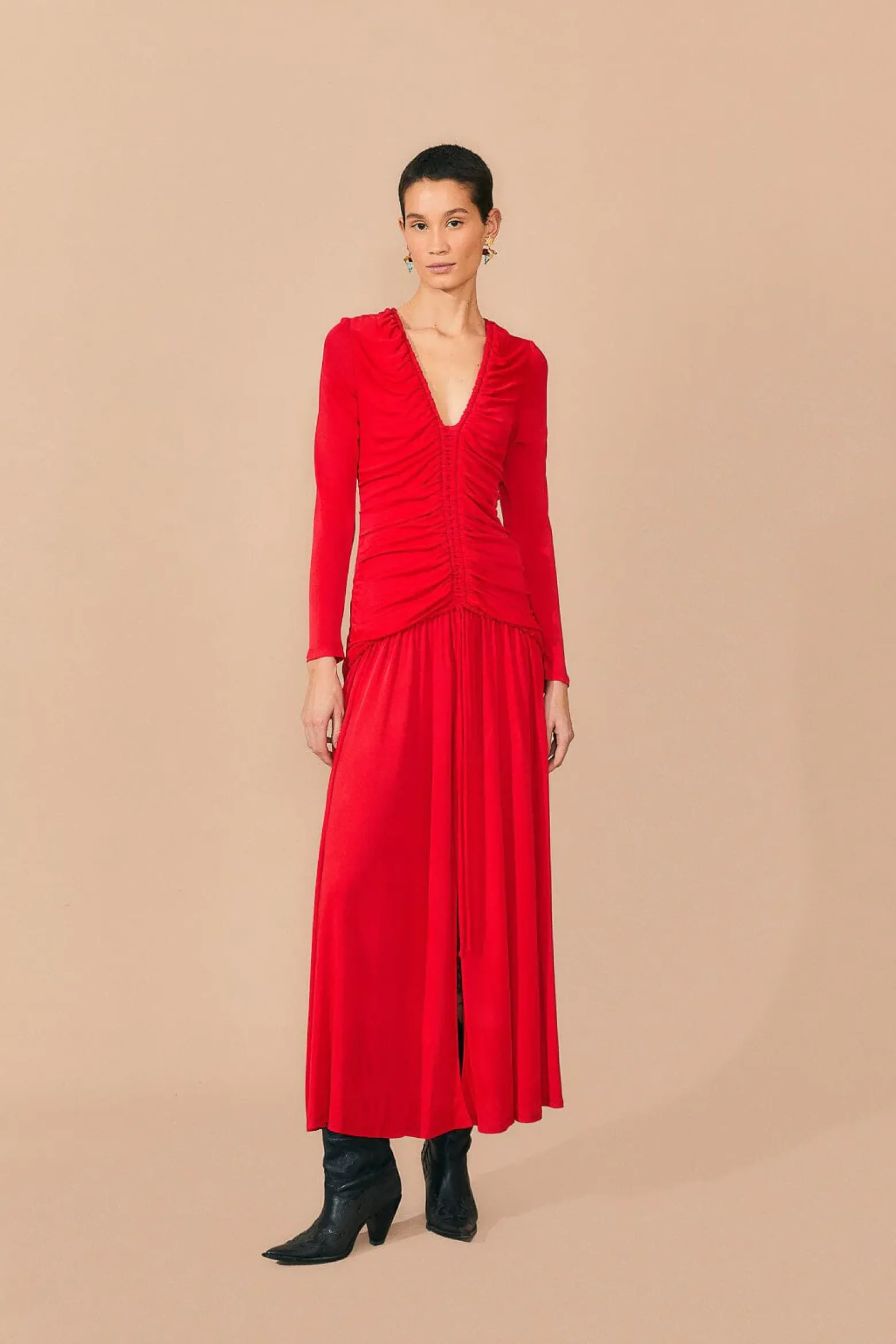 RED V NECKLINE LONG SLEEVE MIDI DRESS