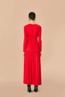 RED V NECKLINE LONG SLEEVE MIDI DRESS