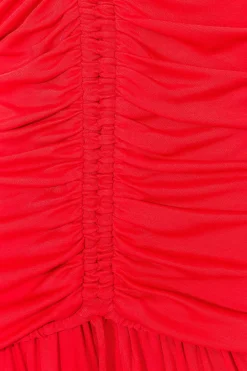 RED V NECKLINE LONG SLEEVE MIDI DRESS