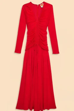 RED V NECKLINE LONG SLEEVE MIDI DRESS