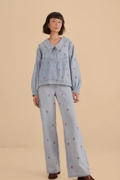  ROSE EMBROIDERED DENIM PANTS