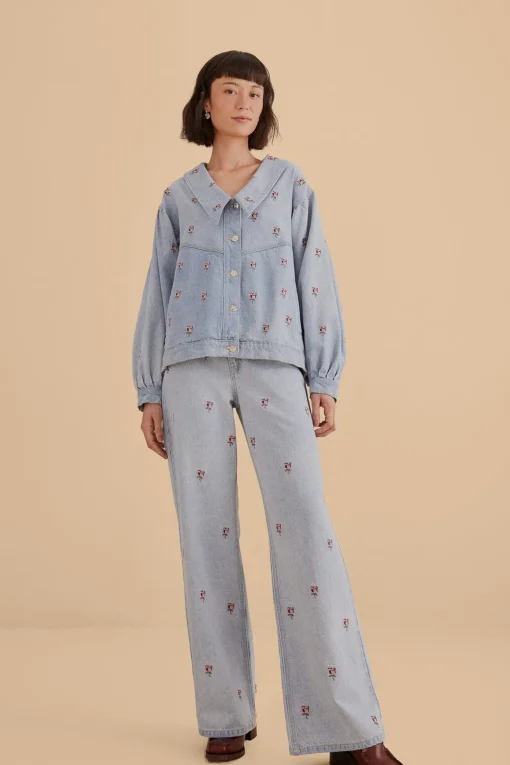  ROSE EMBROIDERED DENIM PANTS